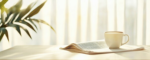 Warm, inviting scene with a coffee cup and newspaper, embodying the essence of morning rituals, Morning comfort, Daily news