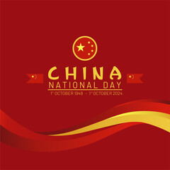 Simple elegant China national day celebration 1st October 2024 greeting design. 3D waving Chinese flags and stars isolated on red background. Simple background and vector illustration of China