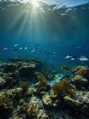 An underwater view of the ocean floor, with fish swimming among seaweed and rocks.