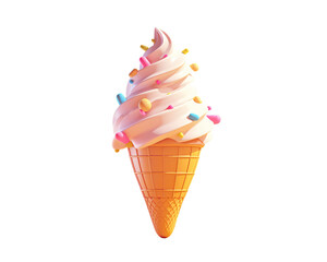 A 3D rendered ice cream cone with sprinkles on a yellow background.