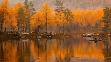 Autumn adventurer kayaking on a tranquil lake surrounded by vibrant, colorful forests in nature.