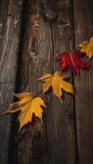Autumn leaves on wooden background.