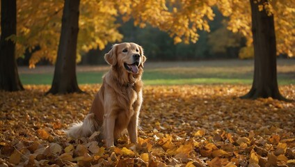 Autumn leaves surround a golden retriever dog in this photo.