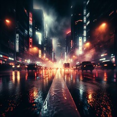 Obraz premium Nighttime city traffic with vibrant lights illuminating the roads and buildings, capturing the motion and energy of urban life