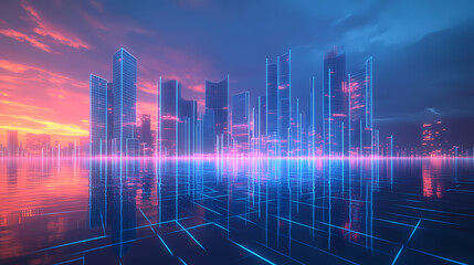 Digital cityscape with futuristic buildings