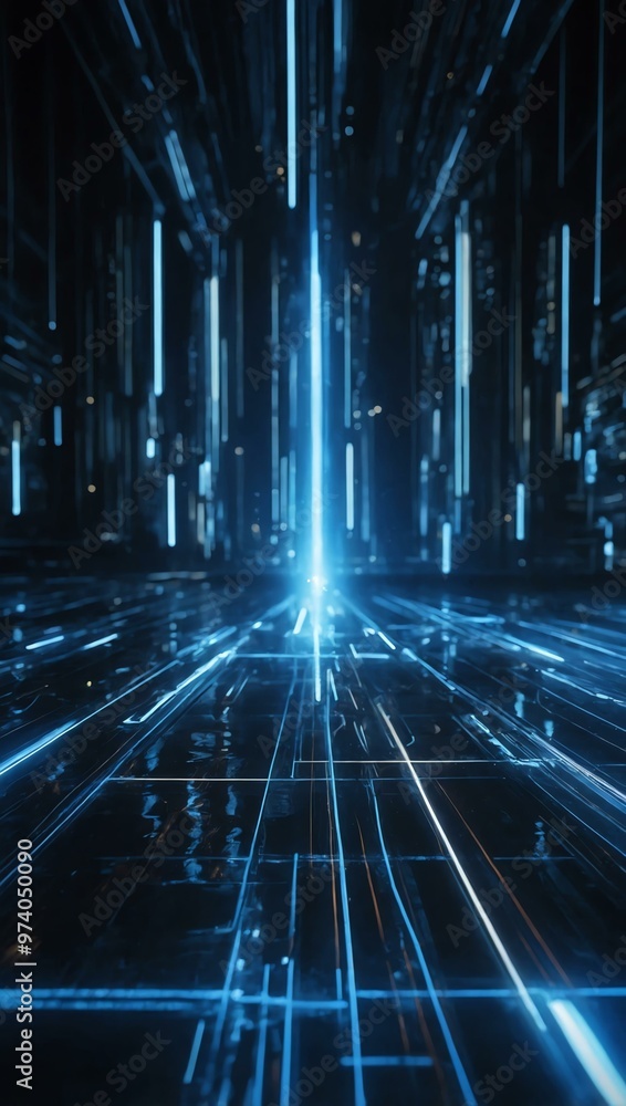 Poster blue tech background with glowing lines and rays