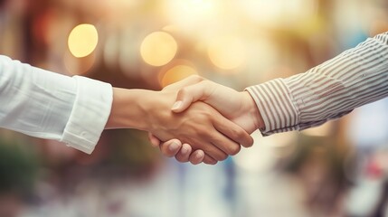 Two Business Professionals Shaking Hands in a Close-Up Shot, Highlighting Professionalism, Partnership, and Success with Sharp Focus and Shallow Depth of Field in a Blurred Background Setting.
