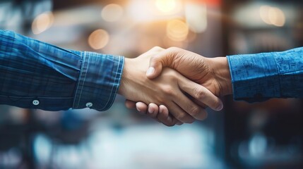 Two Business Professionals Shaking Hands in a Close-Up Shot, Highlighting Professionalism, Partnership, and Success with Sharp Focus and Shallow Depth of Field in a Blurred Background Setting.