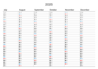2025年の半年カレンダー7月～12月メモ書き込みが可能