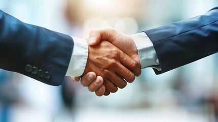 Two Business Professionals Shaking Hands in a Close-Up Shot, Highlighting Professionalism, Partnership, and Success with Sharp Focus and Shallow Depth of Field in a Blurred Background Setting.