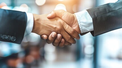 Two Business Professionals Shaking Hands in a Close-Up Shot, Highlighting Professionalism, Partnership, and Success with Sharp Focus and Shallow Depth of Field in a Blurred Background Setting.