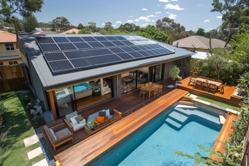 Fototapeta premium Wide Angle Aerial View of Australian Home Roof with Solar Panels, Pool, and Wooden Deck