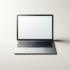 Fototapeta premium A silver laptop with a green screen, open on a desk, showcasing its sleek design and black keyboard The laptop's blank screen stands out, representing modern technology and portable