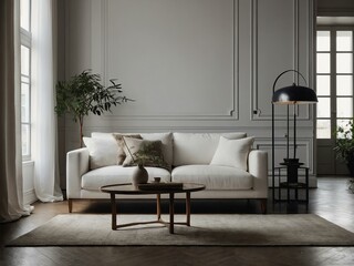 Chic living space with a white sofa and blank wall, perfect for text.