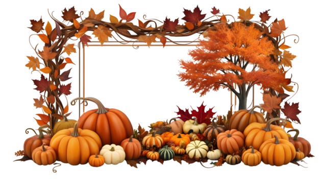 Thanksgiving holiday, Autumn leaves and pumpkins border frame with space text on transparent background png