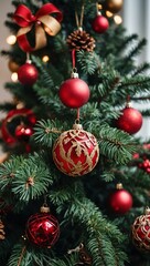 Christmas tree decorated with red ornaments and pinecones.