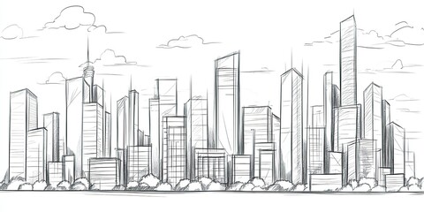 Obraz premium Hand-drawn sketch of a modern city skyline with clouds.