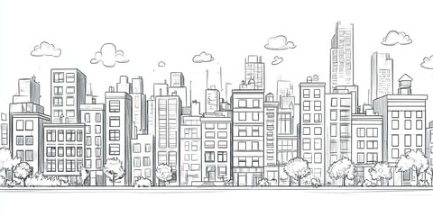 Fototapeta premium Hand drawn illustration of city skyline with buildings and clouds.