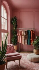Clothing display in a pink room with colorful dresses and plants