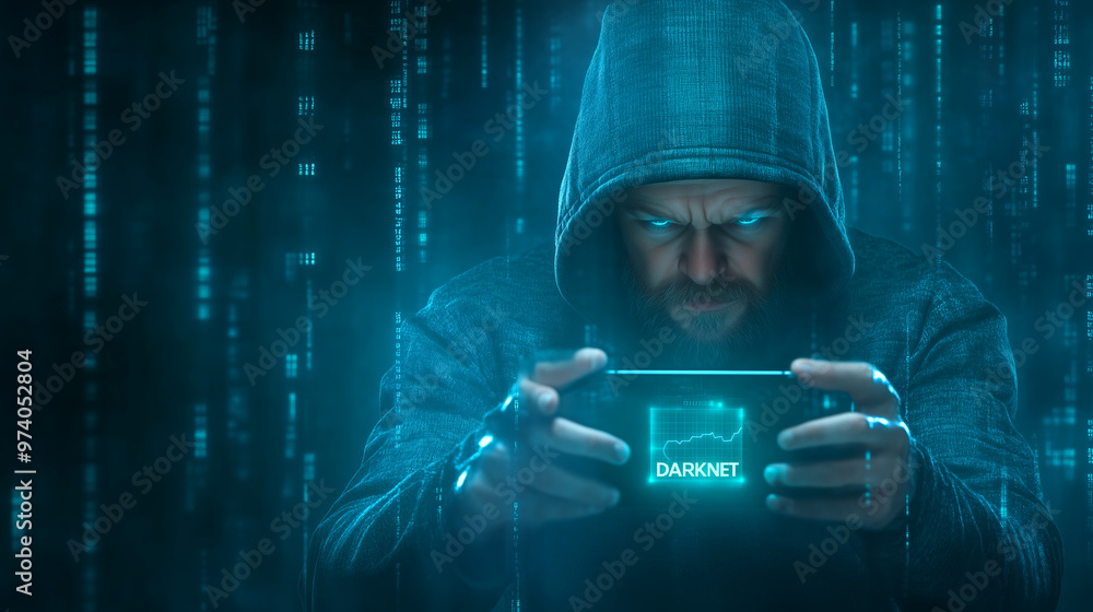 Poster mysterious figure engaged with digital device in dark setting