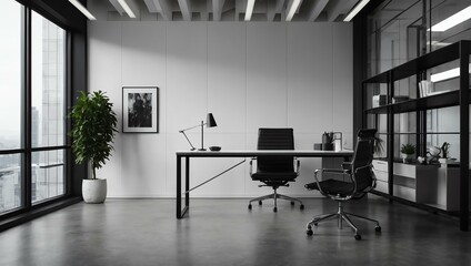 Contemporary office with a white desk and blank wall perfect for text.