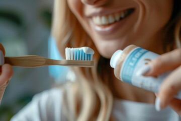 Smiling woman applying toothpaste on bamboo toothbrush. Eco-friendly dental care for a bright smile. Promote sustainable oral hygiene daily. Generative AI