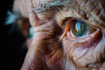Close-up of an elderly persons eye capturing wisdom and experience. The intricate details showcase aging skin and deep emotions. A powerful portrait. Generative AI