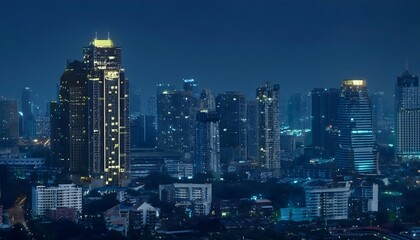 Naklejka premium Aerial view of a big city at dusk Towering skyscrapers bathed in neon light contrast with the dark sky.