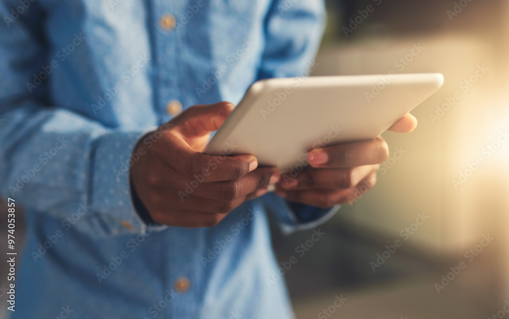 Poster Hands, business and person with tablet in office for project research, communication and financial report of growth. Employee, digital and reading email, kpi information and networking for progress