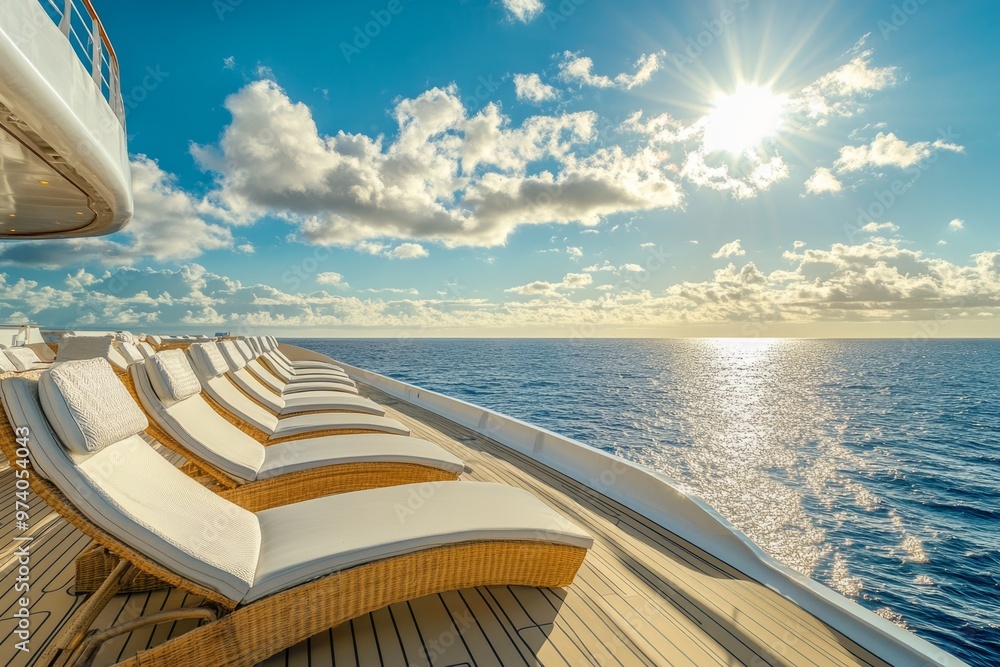 Wall mural A stunning view of luxury loungers on a boat deck under a bright sun. The tranquil sea shines in the background. Perfect for travel and relaxation themes. Generative AI