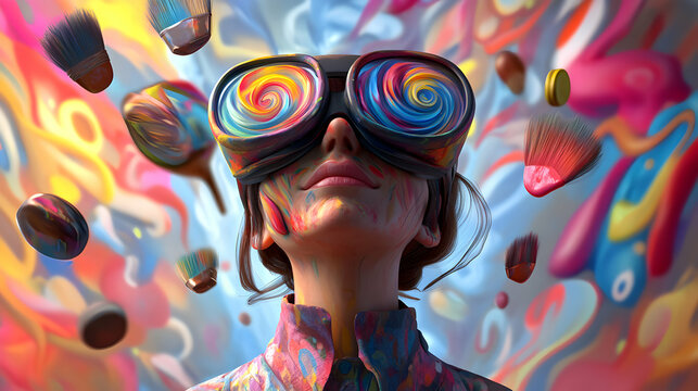 A unique 3D cartoon portrait of a person with artistic VR glasses, immersed in a digital art studio with floating paintbrushes and swirling colors, conveying creativity and inspiration