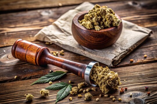 A worn, wooden pipe with a smoldering cannabis bud, surrounded by scattered hemp seeds and crumpled rolling papers,