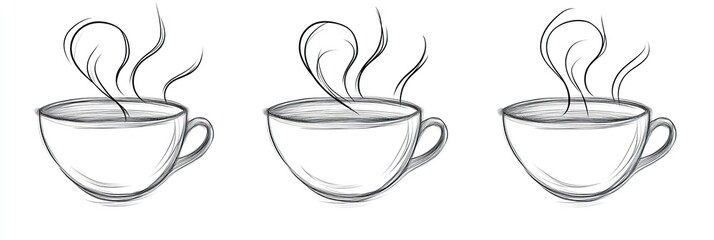 Hand-drawn illustration of three coffee cups with steam rising from each cup, isolated on white background.