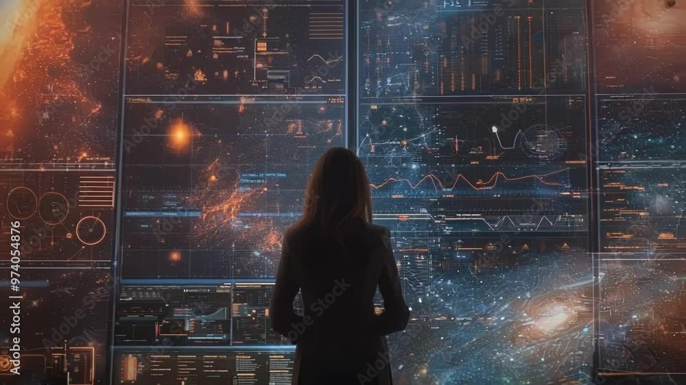 Poster scientist in a high tech control room analyzes digital data of galaxies and nebulae, surrounded by a