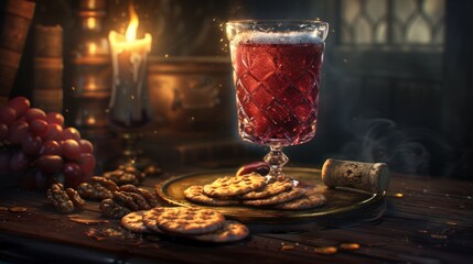 Glass of red wine with cheese, grapes, crackers, and walnuts on a sunlit wooden table