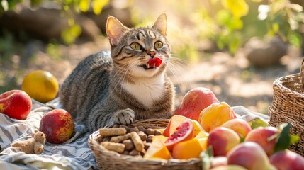Cute tabby cat eating fruit outdoors on picnic blanket