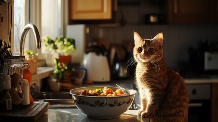 Orange Cat Looking At Food In Kitchen