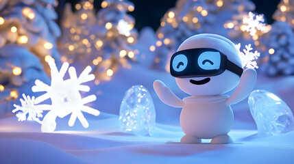 Obraz premium A whimsical 3D cartoon character with retro VR glasses, enjoying a playful virtual winter wonderland with animated snowflakes and glowing ice sculptures, evoking a sense of joy and playfulness
