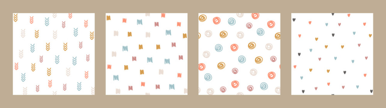 Fototapeta Bohemian Baby pattern. Set of Boho print for kids with hearts, circles, arrows and small dashes. Gender Neutral Nursery Cute Ornaments. Vector illustration in flat cartoon style.