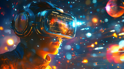 A detailed 3D cartoon figure with futuristic VR glasses, navigating through a dynamic virtual space with floating satellites and glowing cosmic phenomena, conveying a sense of exploration and