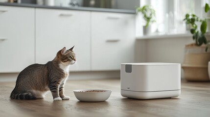 Cat Looking at Automatic Pet Feeder in Kitchen