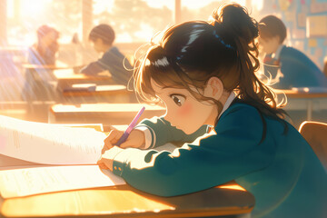 Girl Focusing on Studying in Classroom