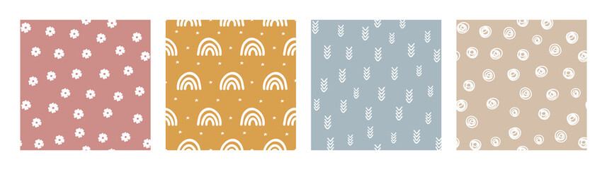 Bohemian Baby pattern. Set of Boho print for kids with flowers, rainbows, arrows and circles. Gender Neutral Nursery Cute Ornaments. Vector illustration in flat cartoon style.