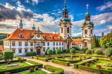 Obraz premium Baroque-style Strahov Monastery in Prague, Czech Republic, features ornate architecture, vibrant frescoes, and stunning