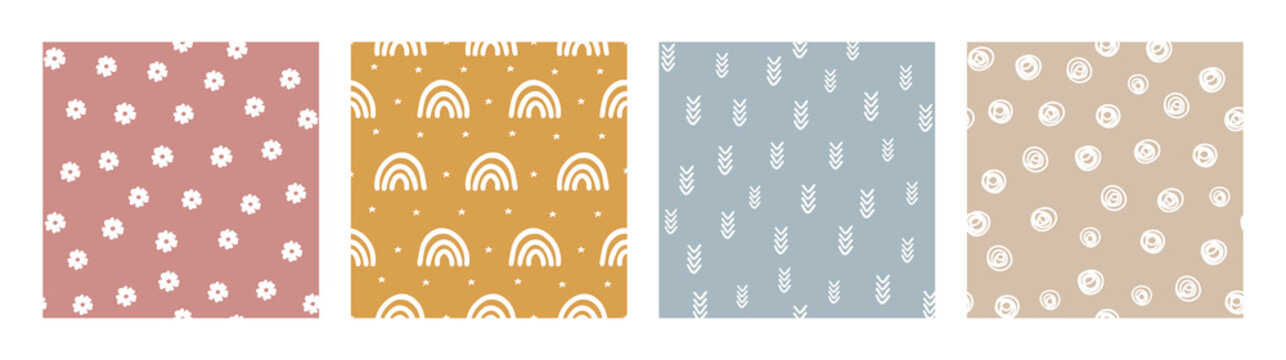 Fototapeta Bohemian Baby pattern. Set of Boho print for kids with flowers, rainbows, arrows and circles. Gender Neutral Nursery Cute Ornaments. Vector illustration in flat cartoon style.