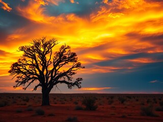 Striking sunset over an isolated tree in the vast desert landscape under a vibrant sky