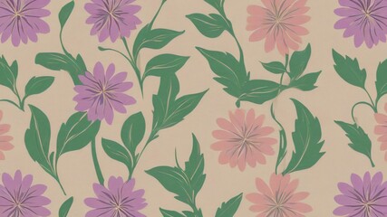 Colorful floral pattern featuring pink and purple flowers with green leaves on a soft beige background