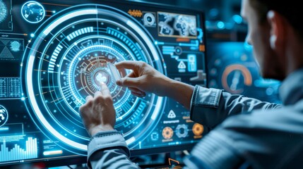 Cybersecurity expert analyzes threats using holographic interfaces in a cutting edge office space