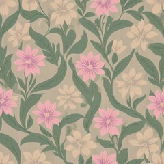 Delicate floral pattern with pink and cream flowers on a soft beige background, ideal for home decor and textile design
