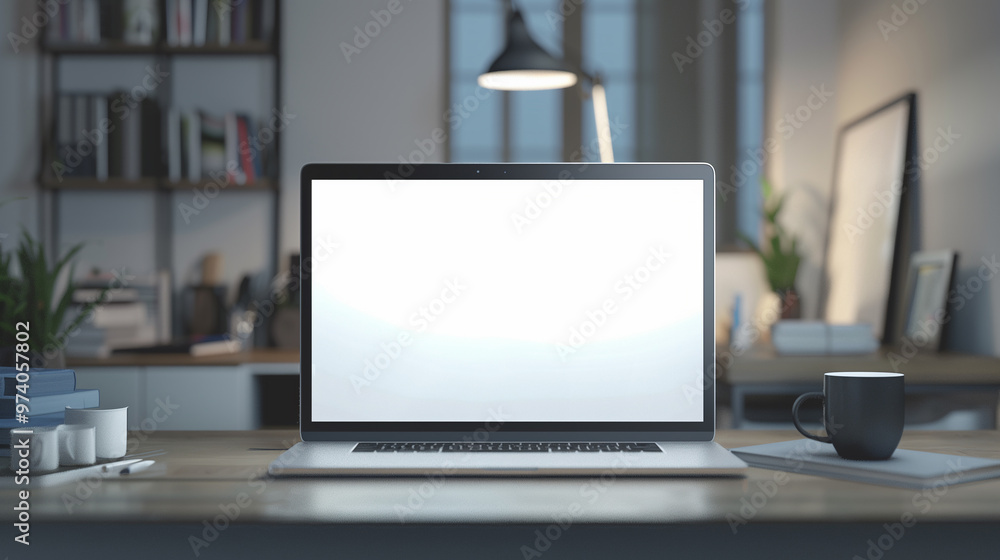 Poster laptop screen mockup placed on a desk, with a modern workspace setup in the background to showcase a